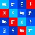 Set Download arrow with folder, Drill machine, Smartphone battery charge and Lightning bolt icon. Vector