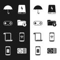 Set Download arrow with folder, Gamepad, Umbrella, Power bank, Paper scroll and Smartphone wireless icon. Vector