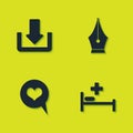 Set Download, Hospital bed, Heart in speech bubble and Fountain pen nib icon. Vector