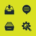 Set Download inbox, Wrench and gear, Drawer with documents and Speech bubble chat icon. Vector Royalty Free Stock Photo