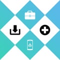 Set Download, Smartphone with upload, Toolbox and Medical cross in circle icon. Vector