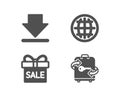 Downloading, Sale offer and Globe icons. Luggage sign. Load information, Gift box, Internet world.