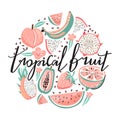 Set of dragon fruit, papaya, watermelon, banana, strawberry, peach, flower, seeds and trendy lettering.