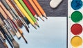 Set for drawing brushes, paints, pencils, eraser, white sheet of paper. Royalty Free Stock Photo