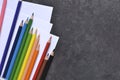 Set for drawing, color pencils, paper. View from above. Office tools Royalty Free Stock Photo