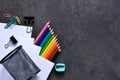 Set for drawing, color pencils, paper. View from above. Office tools Royalty Free Stock Photo