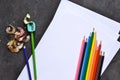 Set for drawing, color pencils, paper. View from above. Office tools Royalty Free Stock Photo