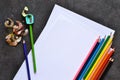 Set for drawing, color pencils, paper. View from above. Office tools Royalty Free Stock Photo