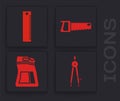 Set Drawing compass, Ruler, Hand saw and Cement bag icon. Vector