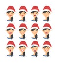 Set of drawing emotional asian characters with Christmas hat. Cartoon style emotion icons. Flat illustration Isolated girls