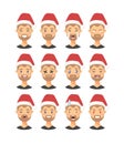 Set of drawing emotional caucasian character with Christmas hat. Cartoon style emotion icon. Flat illustration boy avatar with