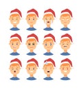 Set of drawing emotional caucasian character with Christmas hat. Cartoon style emotion icon. Flat illustration boy avatar with