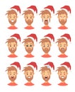 Set of drawing emotional caucasian character with Christmas hat. Cartoon style emotion icon. Flat illustration boy avatar with