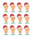 Set of drawing emotional caucasian character with Christmas hat. Cartoon style emotion icon. Flat illustration boy avatar with