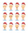 Set of drawing emotional caucasian character with Christmas hat. Cartoon style emotion icon. Flat illustration boy avatar with