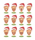 Set of drawing emotional caucasian character with Christmas hat. Cartoon style emotion icon. Flat illustration boy avatar with