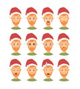 Set of drawing emotional caucasian character with Christmas hat. Cartoon style emotion icon. Flat illustration boy avatar with