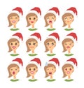 Set of drawing emotional caucasian character with Christmas hat. Cartoon style emotion icon. Flat illustration girl avatar with