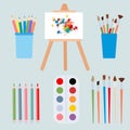 Set for drawing multi-colored paints, pencil brushes and easel. Vector illustration isolated on white background Royalty Free Stock Photo