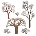 Set of drawing simple brown bare trees isolated on white background