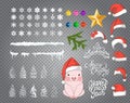 Set drawing of snow, hanging icicles with set of 7 red caps with white pom-poms. Set of red Santa Claus hats Royalty Free Stock Photo