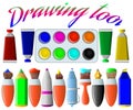 A set of drawing tools. Brushes, pencil, pen, marker, paint on a white background. Royalty Free Stock Photo