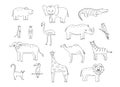 A set of drawings of cute cartoon African animals, vector illustration of a black and white outline of animals for coloring or