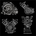 Set of drawings of engines - motor vehicle internal combustion engine, motorcycle, electric motor and a rocket. It can