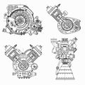 Set of drawings of engines - motor vehicle internal combustion engine, motorcycle, electric motor and a rocket. It can