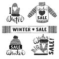 Set drawings knitted woolen clothing and footwear. Sweater, hat, mitten, boot, scarf, lettering. Winter sale shopping Royalty Free Stock Photo