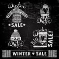 Set drawings knitted woolen clothing and footwear. Sweater, hat, mitten, boot, scarf, lettering. Winter sale shopping Royalty Free Stock Photo