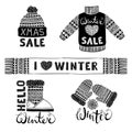 Set drawings knitted woolen clothing and footwear. Sweater, hat, mitten, boot, scarf with patterns. Winter sale shopping Royalty Free Stock Photo