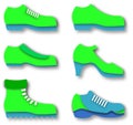 Set of drawings of shoes in green and blue colors. Six different types, paper art Royalty Free Stock Photo