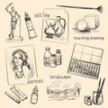 A set of drawings on the theme of visual arts education Royalty Free Stock Photo