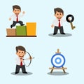 A set of drawings of a young businessman. Success. Achieving the goal. The solution of the problem.