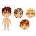 Set of drawn animated boys isolated on white background. Set for modeling cute young peoples without clothes. Vector