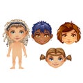 Set of drawn animated children isolated on white background. Set for modeling cute young peoples without clothes. Vector
