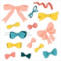 Set of drawn bows. Colored decorative bows