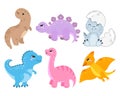 Set of drawn cute tender dinosaurs, pastel colors. Baby postcard, kids bedroom decor