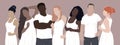 set of drawn diverse people in white clothes. women and men from different ethnic groups. vector modern flat illustration.