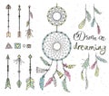 Set of drawn feathers, dream catcher, beads, geometric elements, arrows Royalty Free Stock Photo