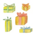 Set of drawn gift boxes. Hand-drawn yellow gift boxes, watercolor illustration on a white background