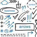 Set of drawn by hand arrows, frames and symbols