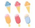 A set of drawn ice creams on a stick and in waffle cones. Print, food illustration, vector Royalty Free Stock Photo