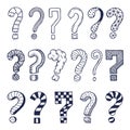 Set of drawn question marks in different styles. Vector doodles Royalty Free Stock Photo