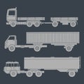 Set of drawn silhouettes of trucks with trailers. Vector illustration