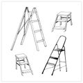 Set of drawn stepladders. Collection of hand drawn stairs and step ladders. Vector sketch style illustration, isolated