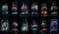Set of dreamlike trees in small glass bottles on black backgrounds