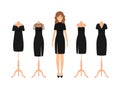 Set of dressed woman and four black little dresses on mannequins. Elegant cocktail dress isolated on a white background Royalty Free Stock Photo