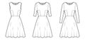 Set of Dresses flared skater technical fashion illustration with long sleeves, fitted body, knee length semi-circular